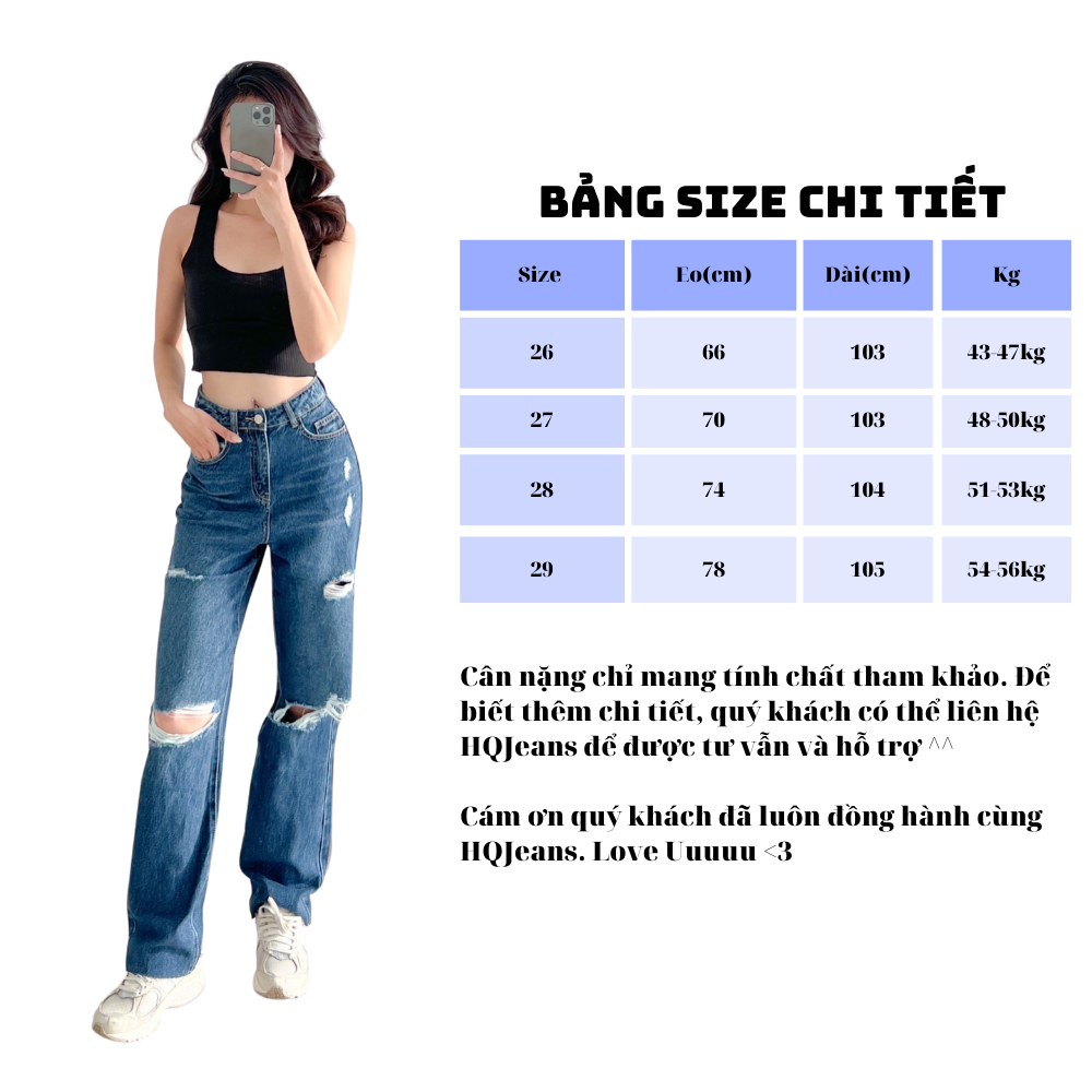 Quần jeans nữ suông đứng rách gối HQJeans mẫu mới nhất