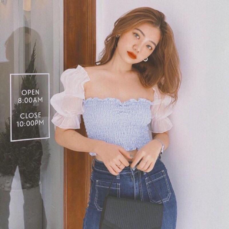 Áo croptop sọc nhún thun tay xốp FREESIZE