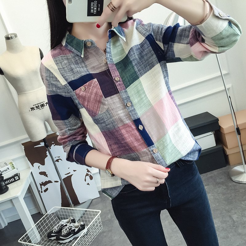 Áo sơ mi nữ kẻ caro phối màu cực xinh Sm02