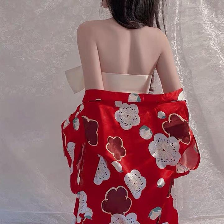 Váy ngủ cosplay kimono hoa đỏ với form ngắn sexy phong cách Nhật Bản quyến rũ BT0013