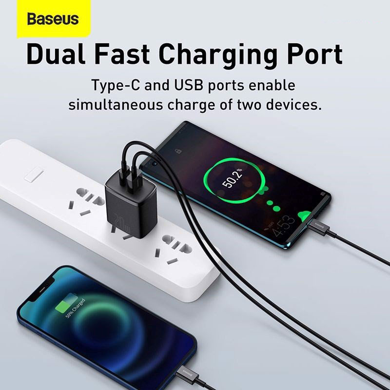 Cốc sạc nhanh siêu nhỏ gọn chân tròn Baseus Compact Quick Charger 20W (USB + Type C Dual Port, 20W PD/QC 3.0 Multi Quick Charge Support) dùng cho Samsung / Xiaomi/ Huawei/ OPPO / iPhone/iPad......Hàng chính hãng