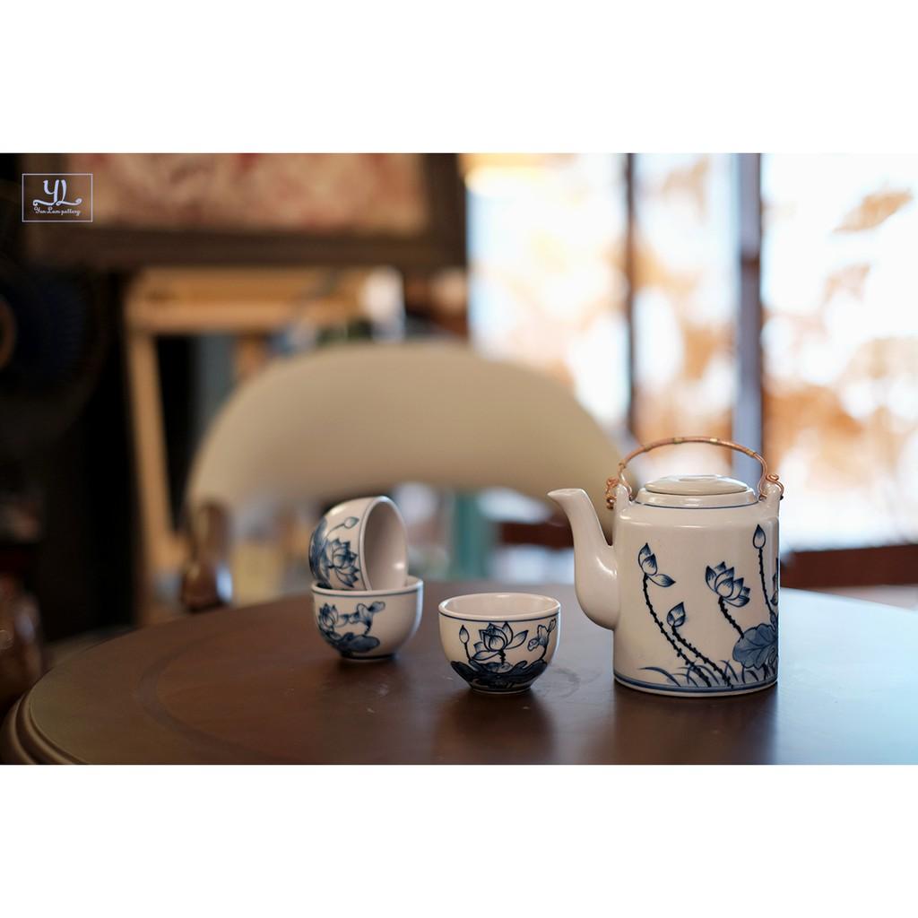 Bộ Trà Bình Tích Hoa Sen Gốm Men Mát