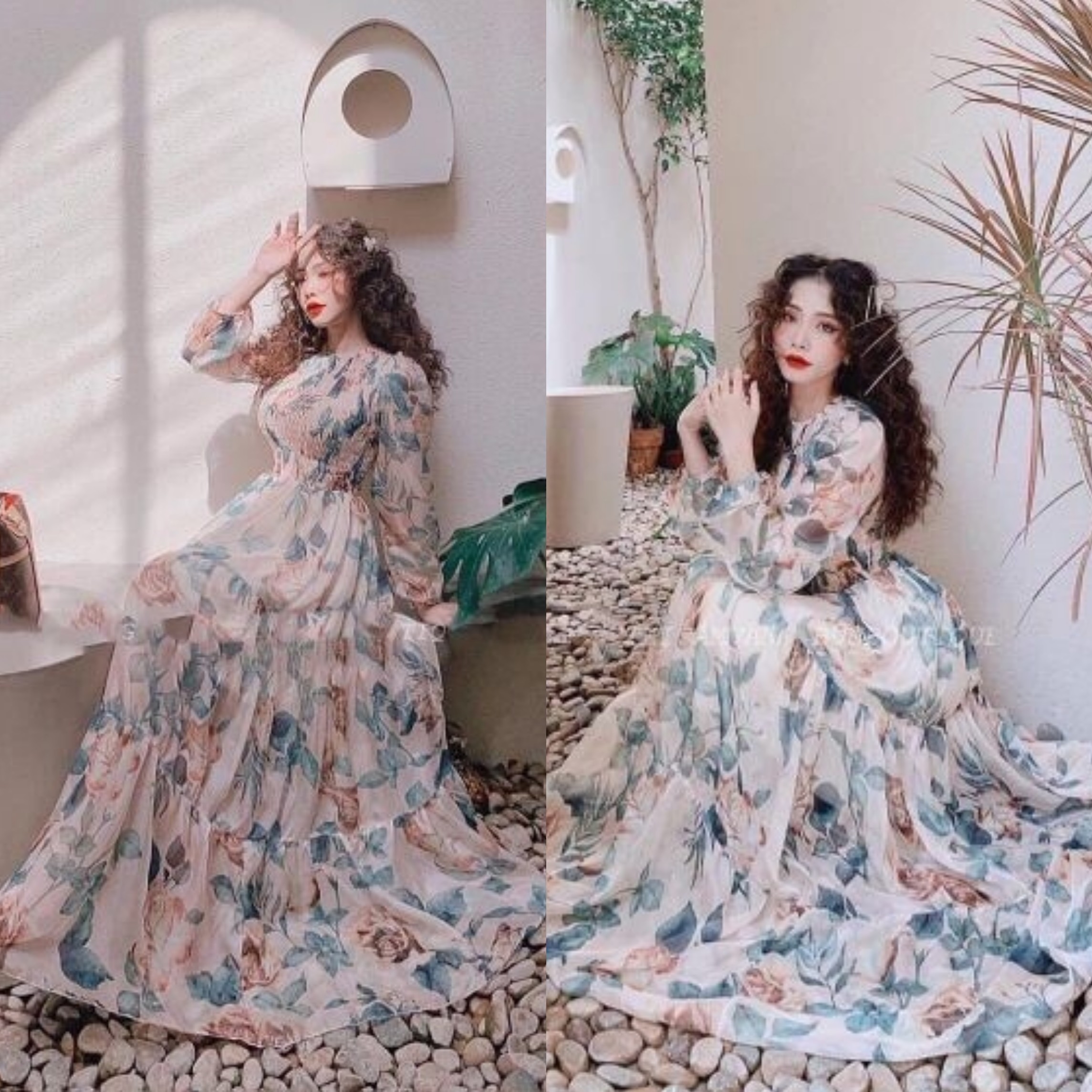 Đầm Maxi Hoa Xoè Xinh Xắn Hàng Thiết Kế Tay Dài Bo Phồng Tay