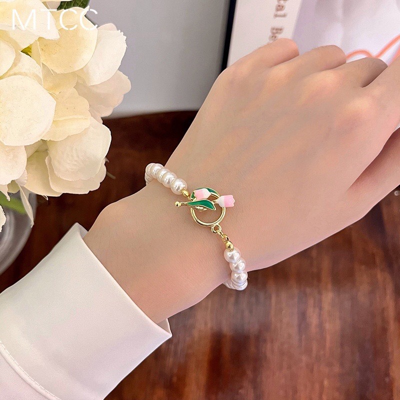 Vòng Tay Hoa Tulip Đính Ngọc Trai Giả Cao Cấp Sang Trọng Cho Nữ