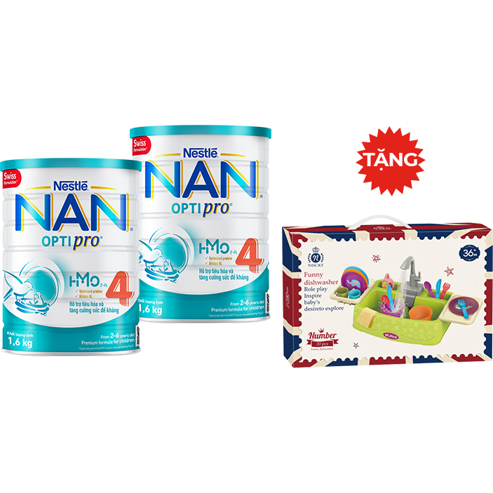 Combo 2 Lon Sữa Bột Nestlé NAN OPTIPRO HM-O 4 1.6kg - Tặng 01 Bộ Đồ Chơi Rửa Chén