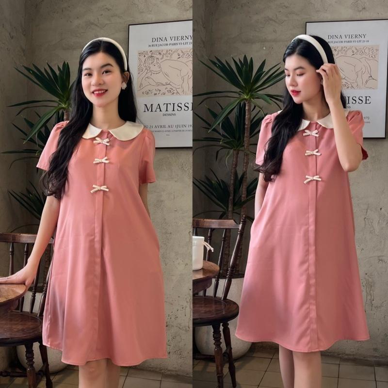 Đầm bầu công sở cổ sen đính 3 nơ dễ thương chất cotton lạnh mềm mịn - Hồng