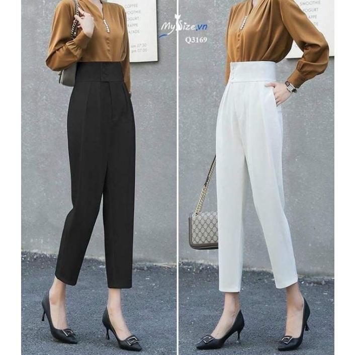 quần tây nữ công sở dáng baggy vải tuyết mưa cạp bản to 3 cúc lưng cao