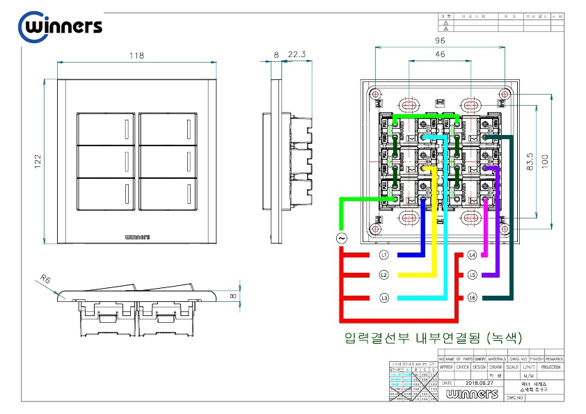 Công tắc sáu một chiều Winners  WSP2-11608(E) sản xuất tại Hàn Quốc, chất liệu nhựa chống cháy, sử dụng điện 220VAC phù hợp lắp cho các đế âm tường chữ nhật tại Việt Nam