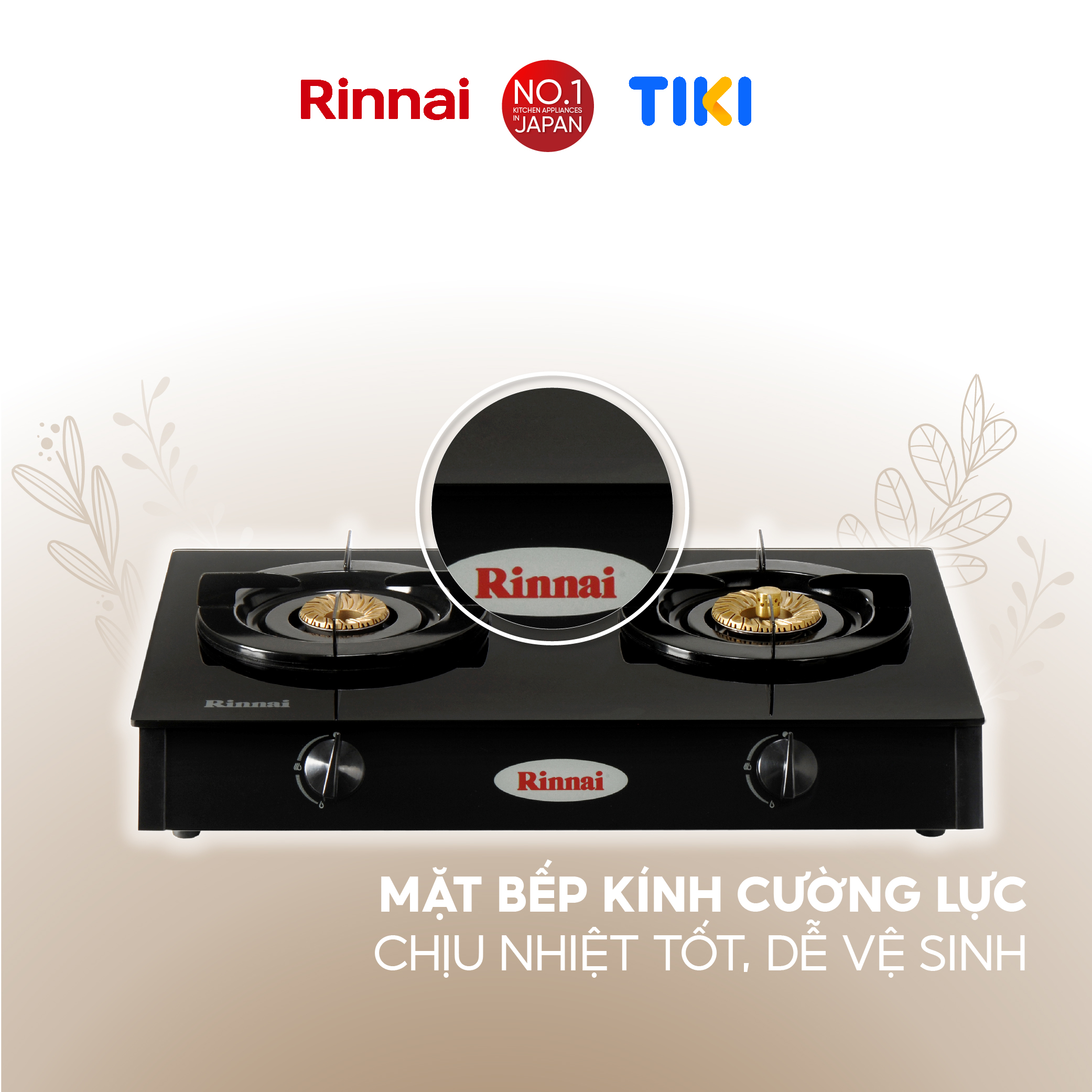 Bếp gas dương Rinnai RV-6Double Glass (Sp) mặt bếp kính và kiềng bếp men - Hàng chính hãng.