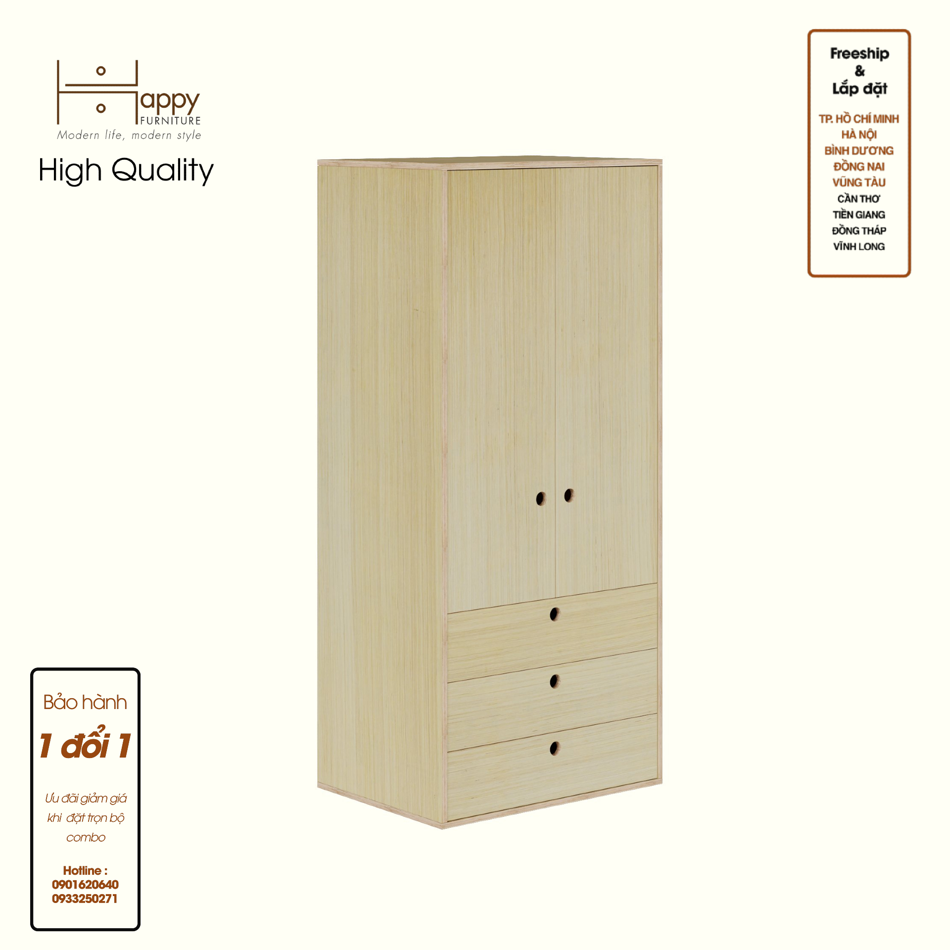 HAPPY FURNITURE , Gỗ tự nhiên , Tủ quần áo 2 cửa mở gỗ Plywood - SANARI , TCM_199 , 80cm x 59cm x 180cm DxRxC