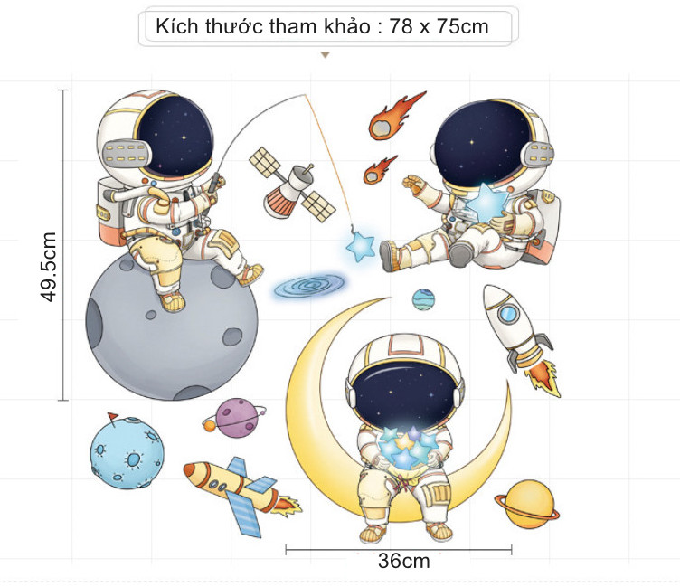 Decal trang trí tường - Hái sao cùng 3 bạn phi hành gia