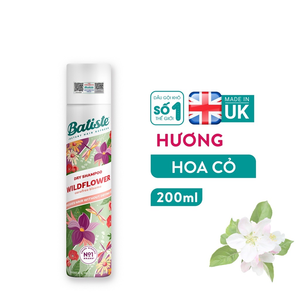 Dầu Gội Khô Batiste Hương Hoa Cỏ Nữ Tính, Tươi Mát - Batiste Dry Shampoo Fresh & Feminine Wildflower 200ml