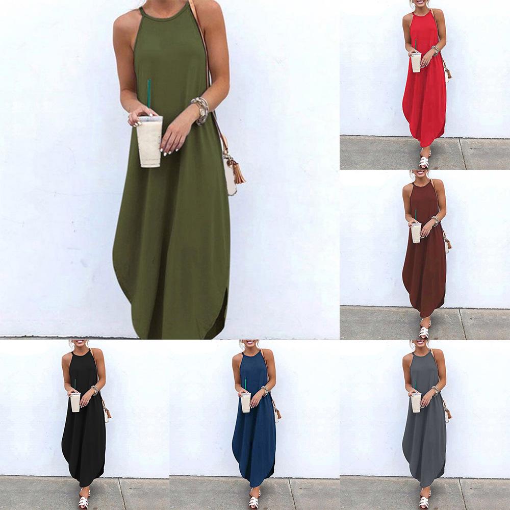 Women Summer Dress Solid Color Spaghetti Strap Sleeveless Asymmetric Hem Party Maxi Casual Loose Evening Sundress
