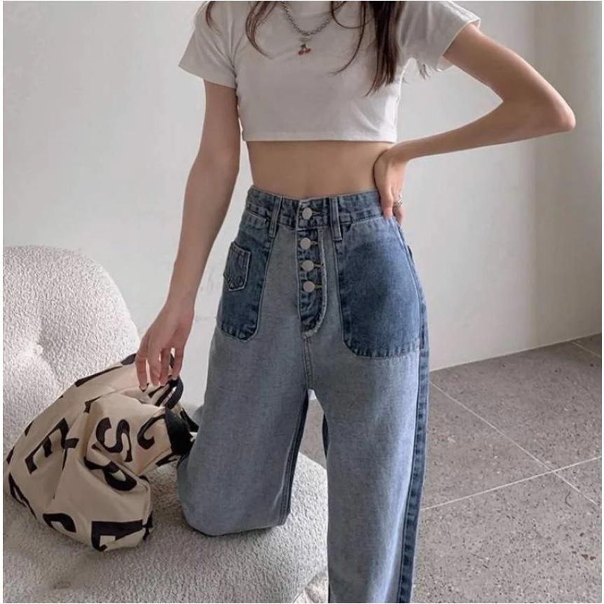 Quần jeans nữ ống rộng phối nút hot trend