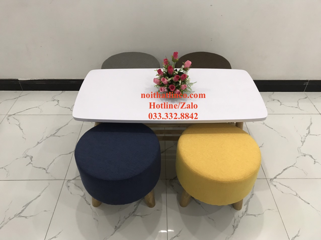 Combo 1 bàn 4 ghế nệm - Xám đen-Xanh đậm-Trắng xám-Nâu