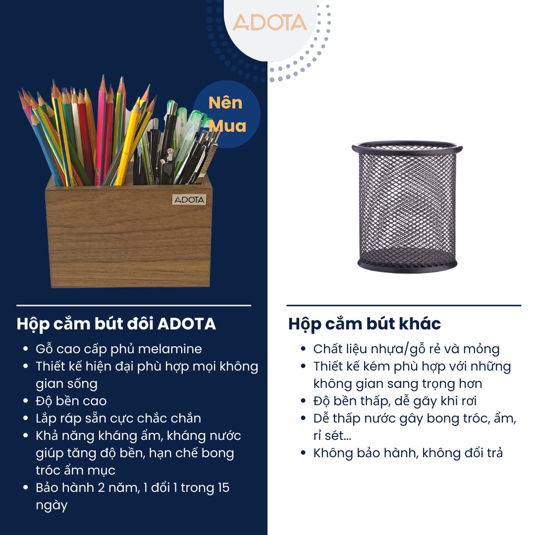 Combo: Hộp cắm bút đơn và hộp cắm bút đôi bằng gỗ, ống đựng bút để bàn làm việc cao cấp phong cách sang trọng ADOTA