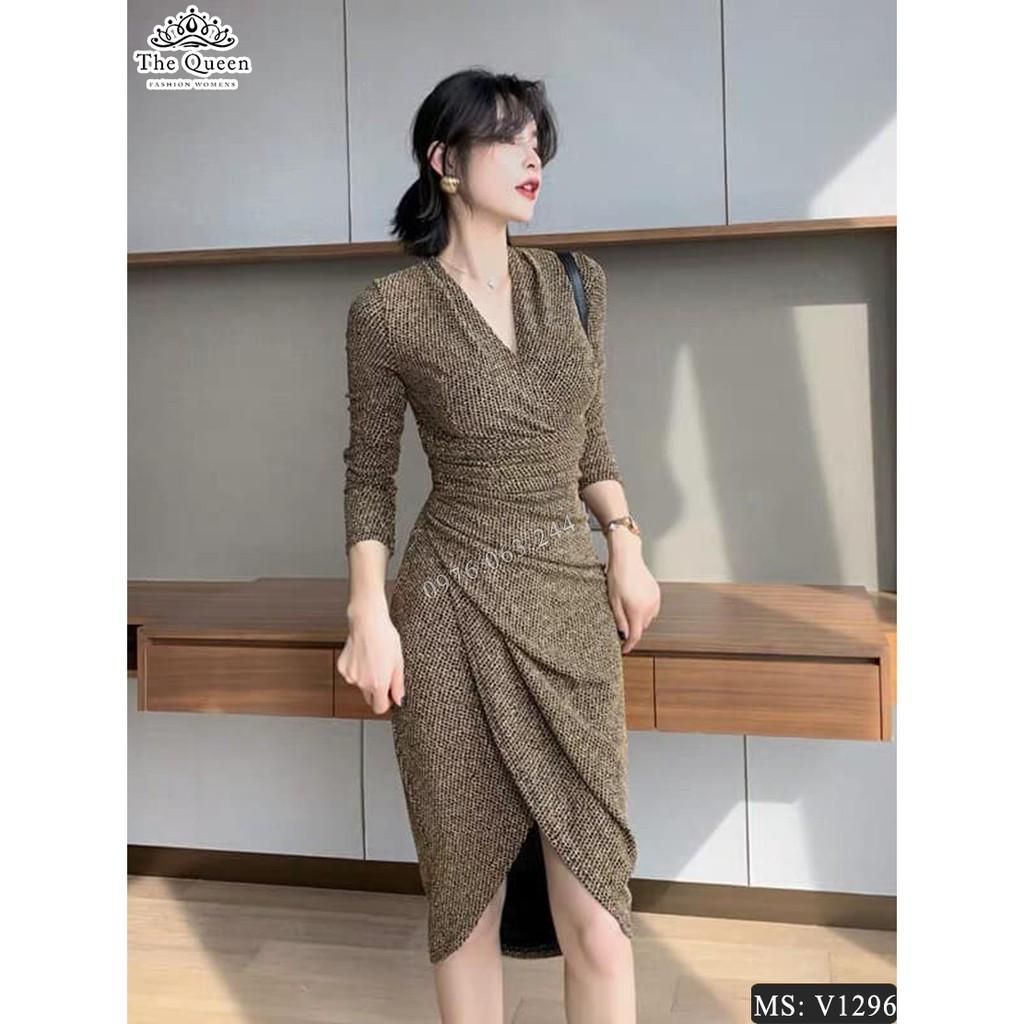 Đầm body đáp chéo V1296 màu đen nhũ ánh vàng tay dài sang trọng - The Queen Fashion