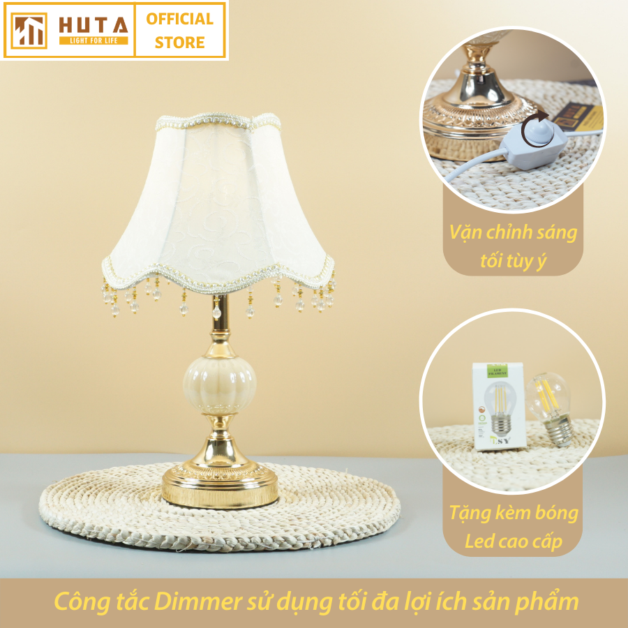 Đèn Ngủ Để Bàn Thép HUTA CD1 Sang Trọng Cổ Điển, Decor Trang Trí Phòng Ngủ, Khách Sạn, Điều Chỉnh Độ Sáng, Bóng Led Sáng Vàng Tiết Kiệm Điện