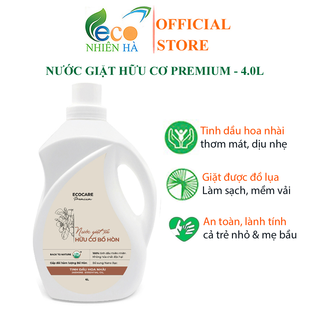 Nước giặt xả ECOCARE PREMIUM 4L tinh dầu nhài, nước giặt hữu cơ an toàn cho bé và mẹ bầu