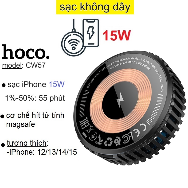 Đế sạc không dây từ tính Hoco CW57 sạc nhanh 15W có quạt tản nhiệt cho iP 12 13 14 15 Pro Max _  Hàng chính hãng