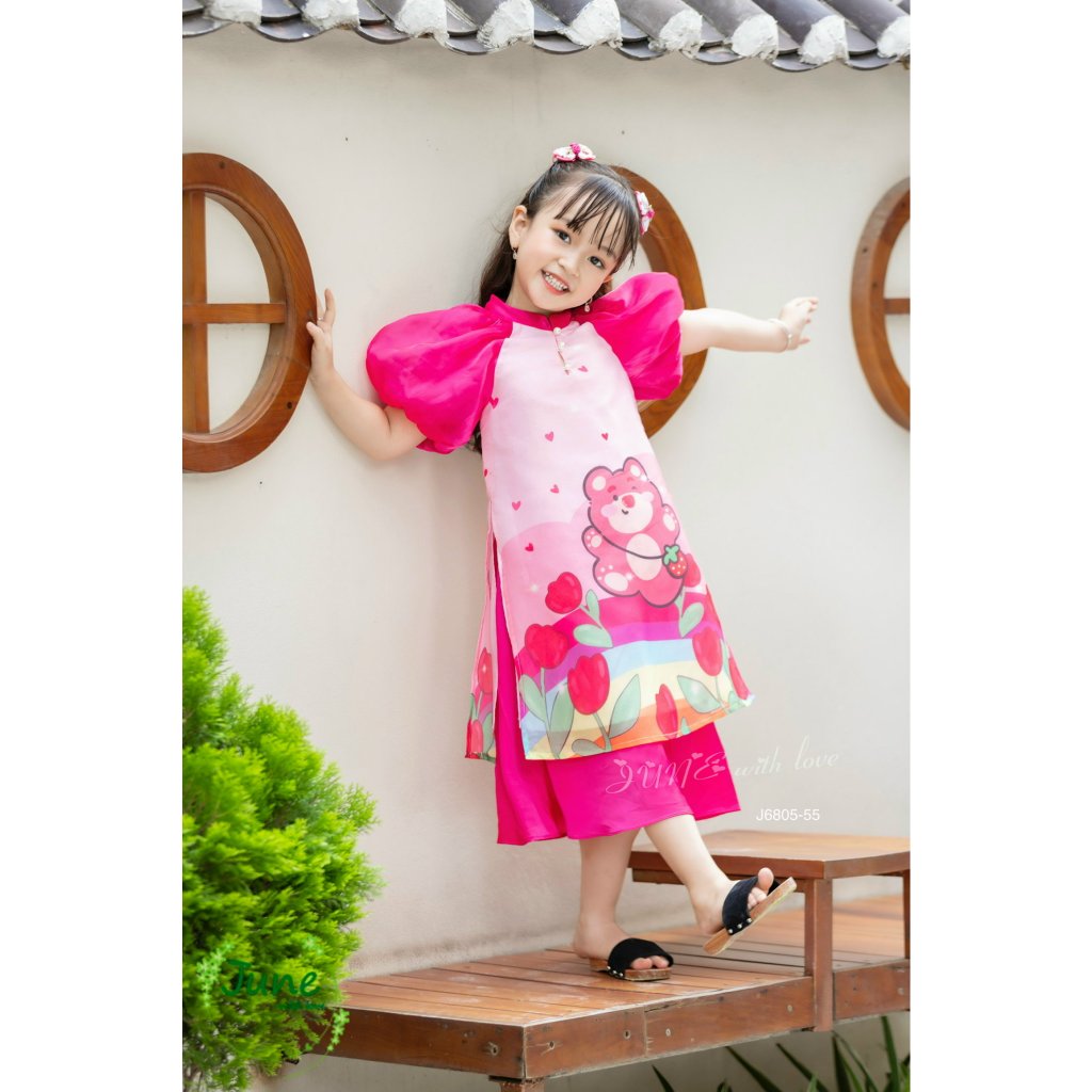 Áo dài tết cho bé gái mẫu Gấu dâu Lotso từ 12-35kg hàng thiết kế cao cấp