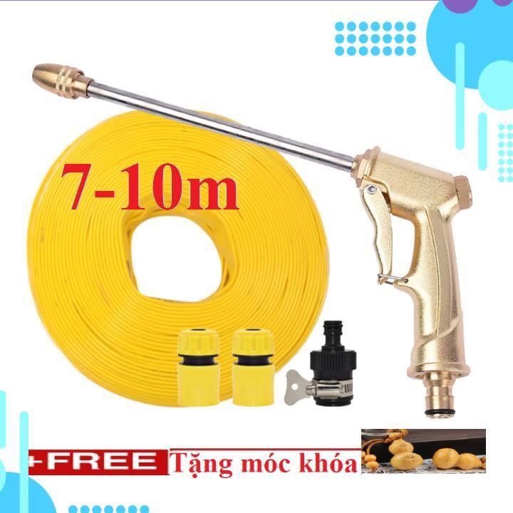 Bộ dây vòi xịt ️bơm nước phun sương️ , tăng áp 3 lần, loại 7m, 10m 206701-3 đầu đồng,cút,nối đen+ móc khoá