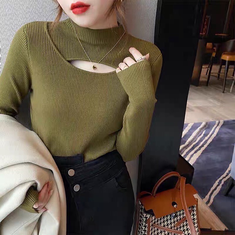 Áo len nữ tay dài cổ cao khoét ngực chất đep co giãn 4 chiều sang chảnh