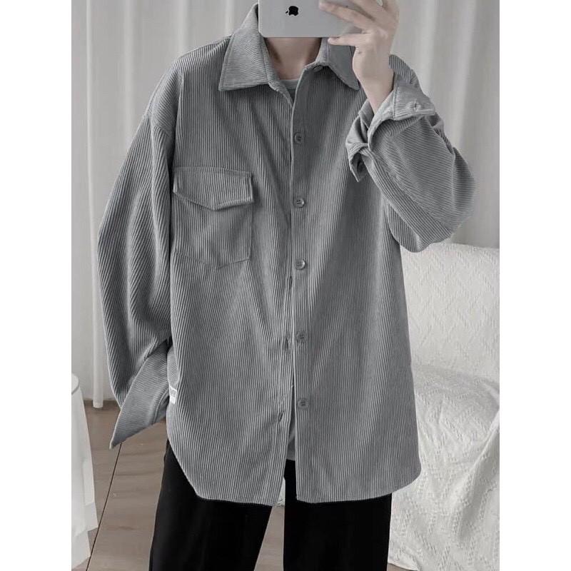 Áo Sơ Mi Nhung Gân Tăm Phong Cách Retro Hàn Quốc Form Rộng Unisex Nam Nữ Ulzzang