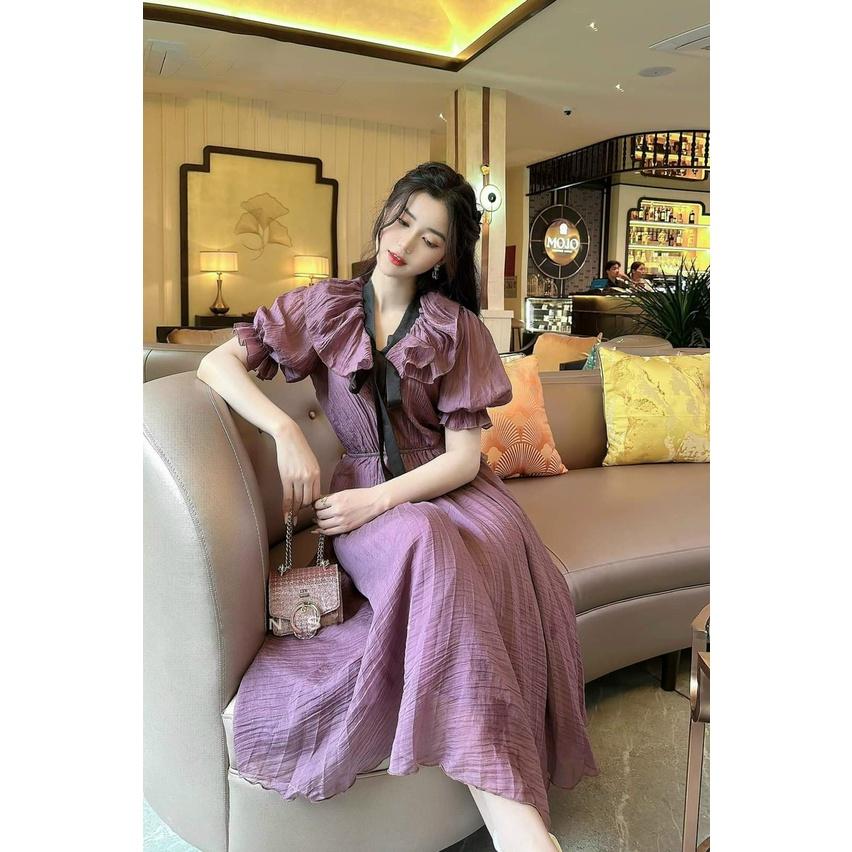 Đầm midi cao cấp cổ bèo cột nơ tay phồng