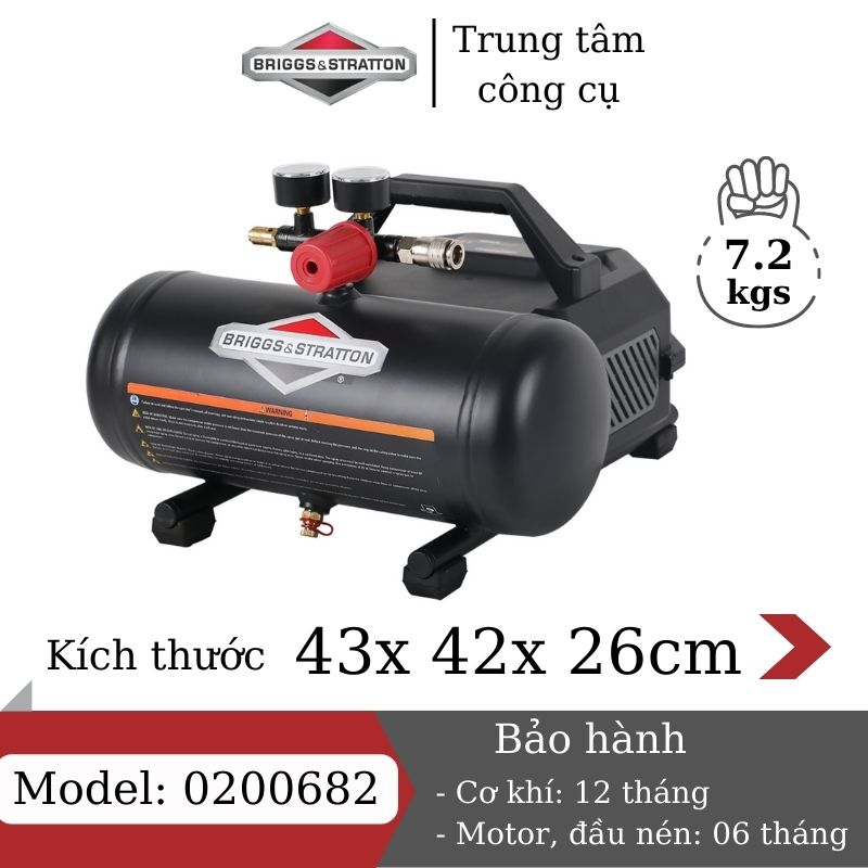 Máy nén khí không dầu 6L BRIGGS &amp; STRATTON 0200682 , máy nén khí mini 220V bơm hơi ô tô , xe máy, nén khí sạch công suất tối đa 1.5Hp - Hàng chính hãng