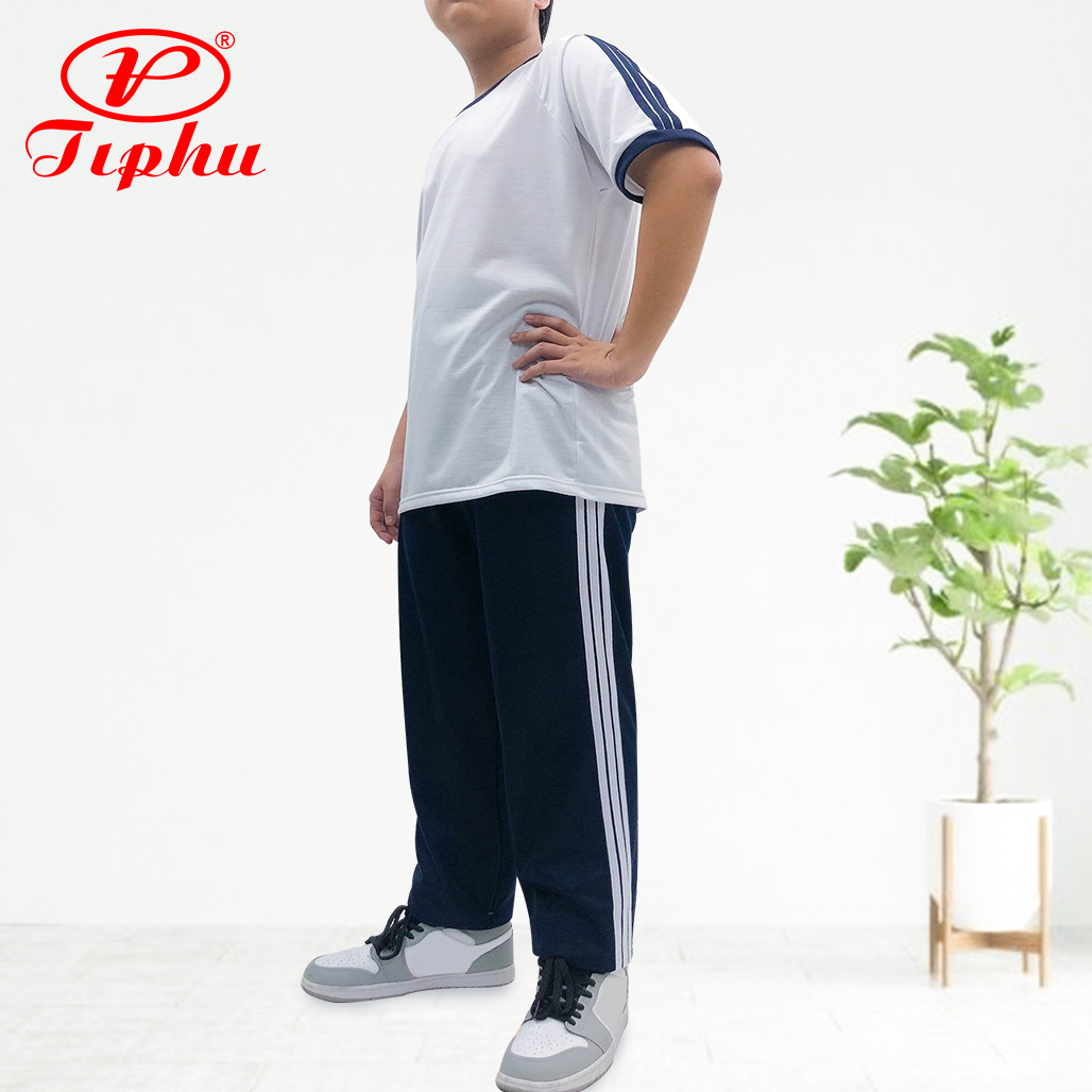 Áo thun thể dục bé trai, 3 sọc vai, cổ tròn và cổ bẻ, co giãn dễ vận động, chất liệu cotton hút mồ hôi, size từ 20kg đến 95kg