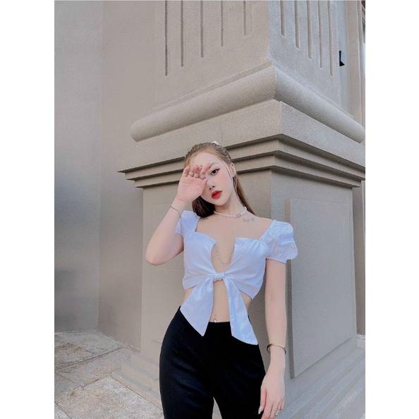 Sét áo croptop tay phồng quần tây ống loe