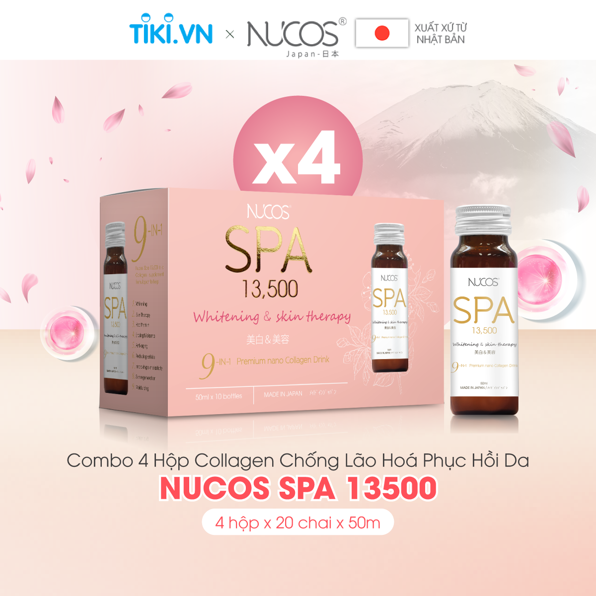 Combo 4 hộp Collagen uống thủy phân hỗ trợ chống lão hóa phục hồi da Nucos Spa 13500​ 10 chai x 50ml