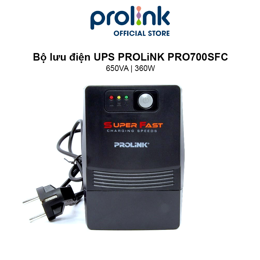 Bộ nguồn cấp điện liên tục UPS PROLINK 650VA (PRO700SFC) Công suất 360W, công nghệ Line Interactive tích hợp bộ AVR, sạc siêu nhanh - Hàng chính hãng