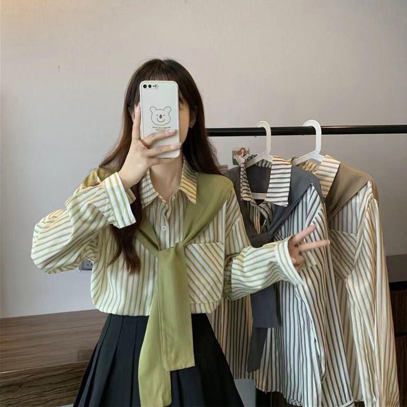 Áo SơMi Nữ Tay Dài Phối Khăn Cổ Dáng Suông Phong Cách Hàn Quốc Mẫu Mới Mã RB012