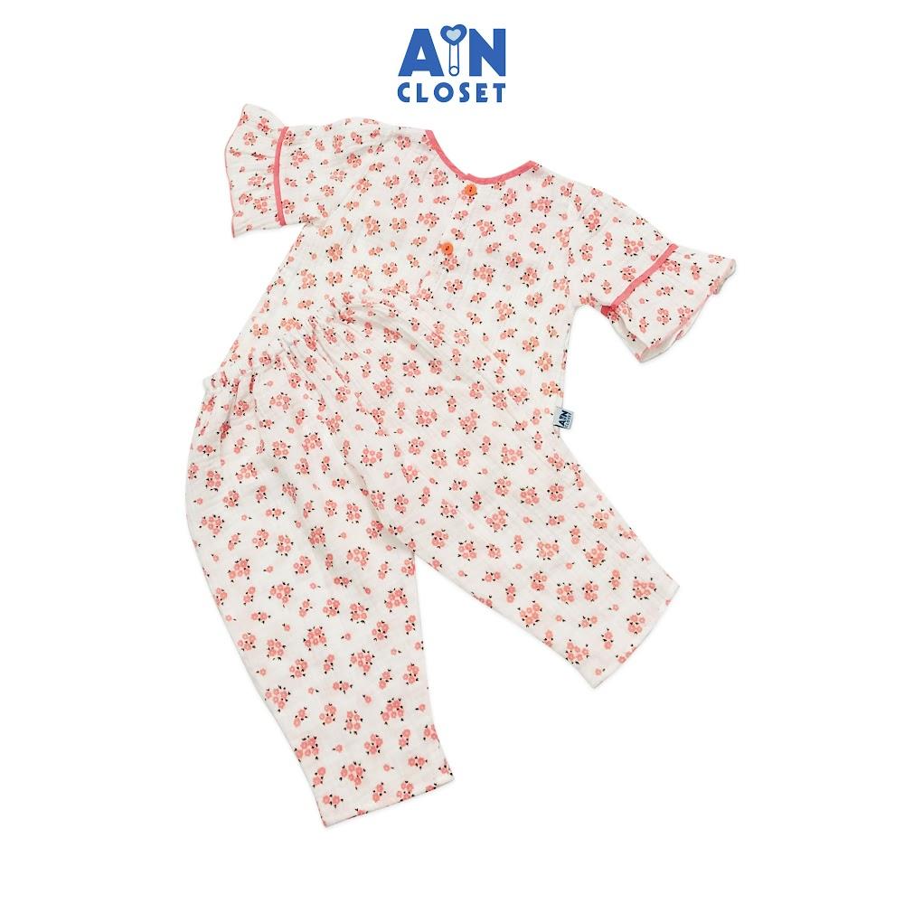 Bộ quần dài áo tay lỡ bé gái họa tiết Hoa cổ nơ cam xô muslin - AICDBGE6FYEP - AIN Closet