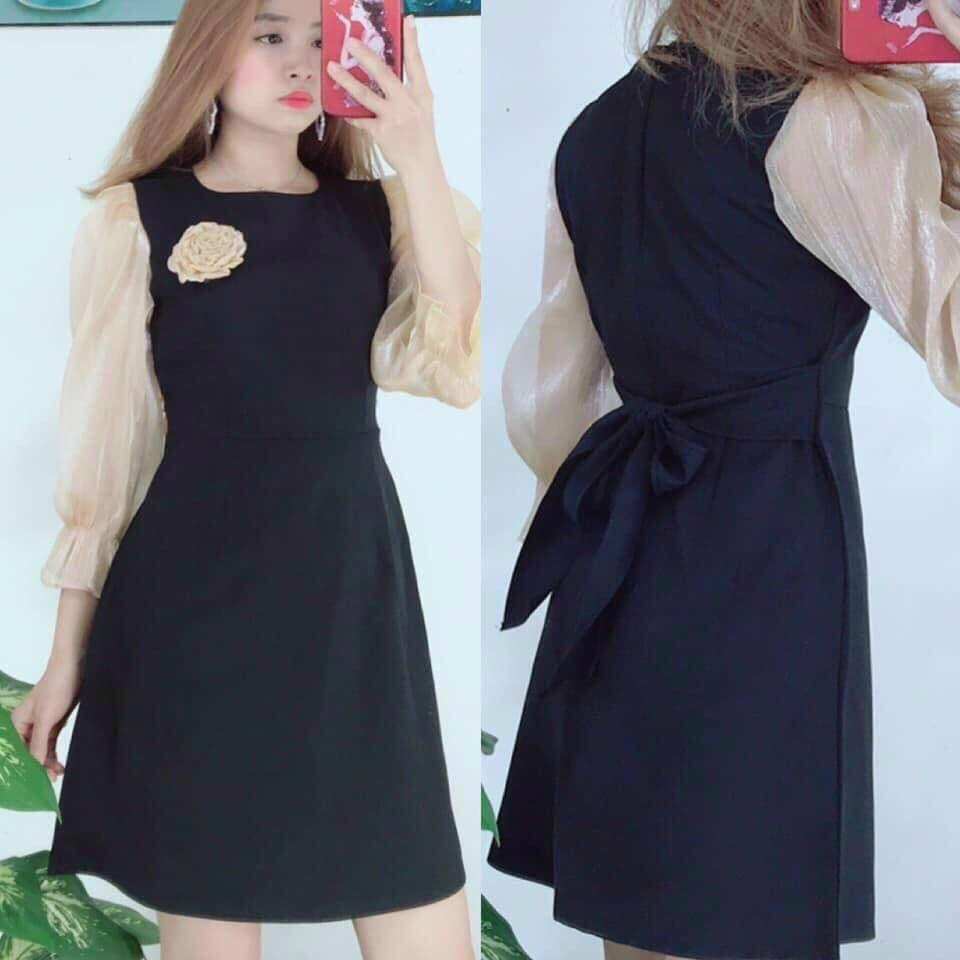 Đầm Dáng Xòe Cột Eo Phối Voan Siêu Xinh