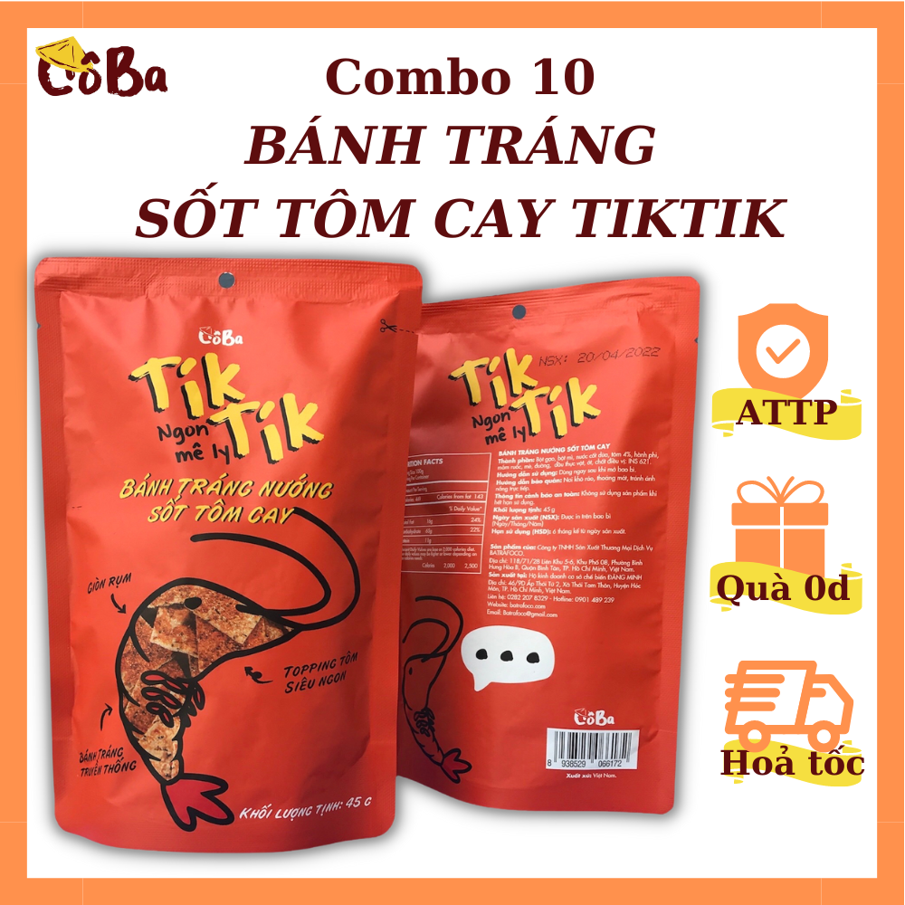 [Bán chạy] Bánh tráng nướng Batrafood Cô Ba sốt tôm cay 45g [Combo 10] đồ ăn vặt, mồi nhắm, mồi nhậu ngon, giá rẻ cho dân văn phòng, học sinh