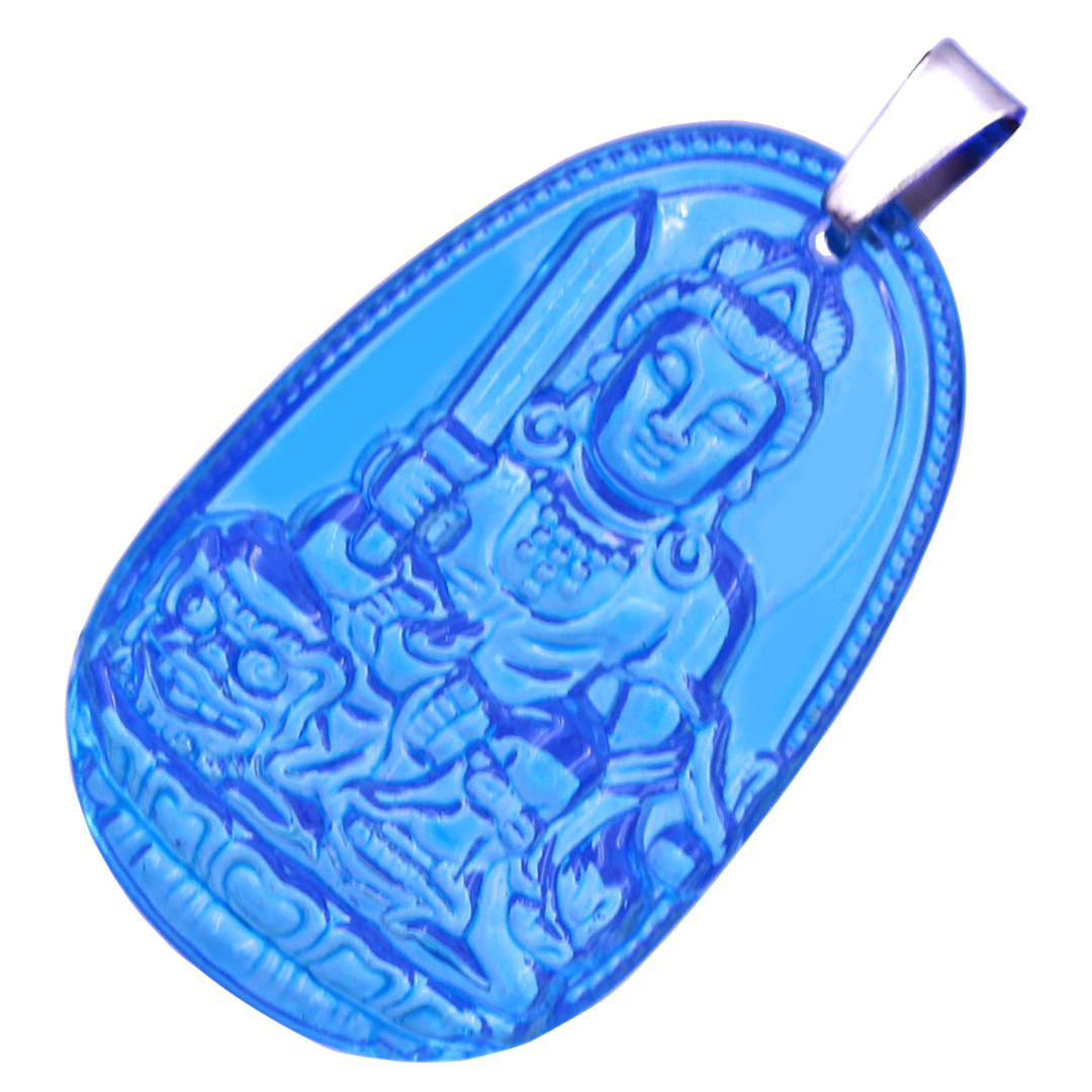 Mặt Phật Văn thù thuỷ tinh xanh biển 3.6 cm kèm móc và vòng cổ dây cao su đen, Mặt Phật bản mệnh
