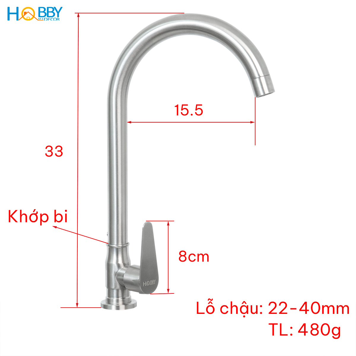 Vòi rửa chén bát lạnh gắn chậu inox 304 xoay tròn Hobby home decor RL1