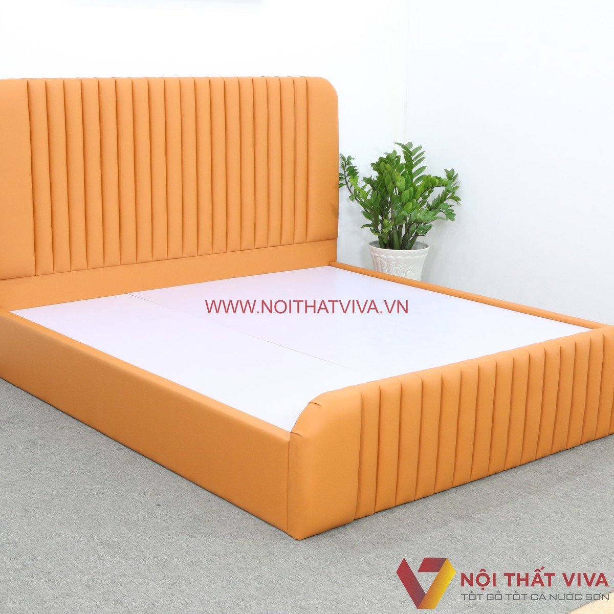 Giường Ngủ Bọc Da Gỗ MDF Hiện Đại Chỉ Sọc Màu Cam Đẹp Độc Đáo
