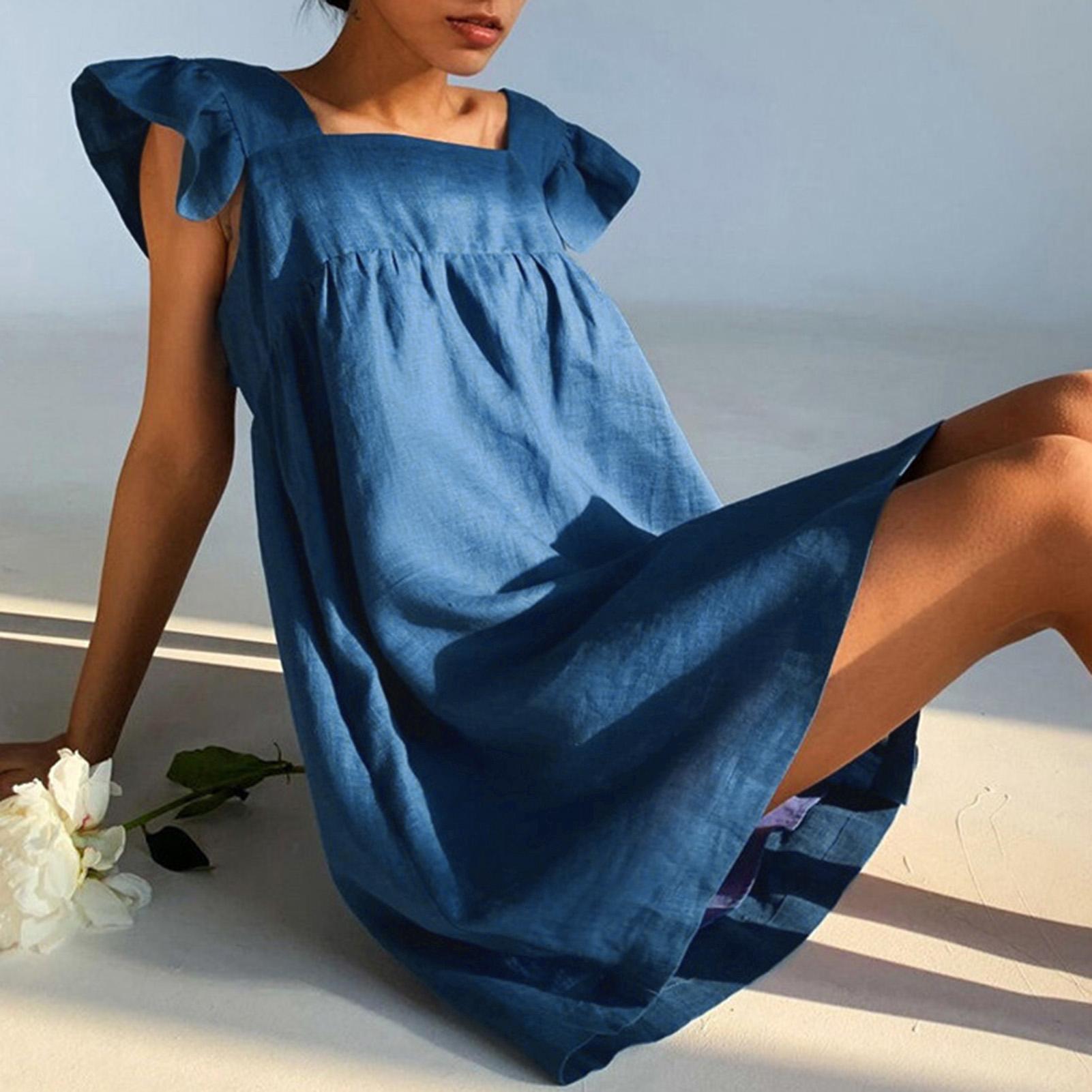 Fashion Women Cotton Linen Dress Solid Color Square Neck Short Sleeve Butterfly Sleeve Sweet Mini Dress