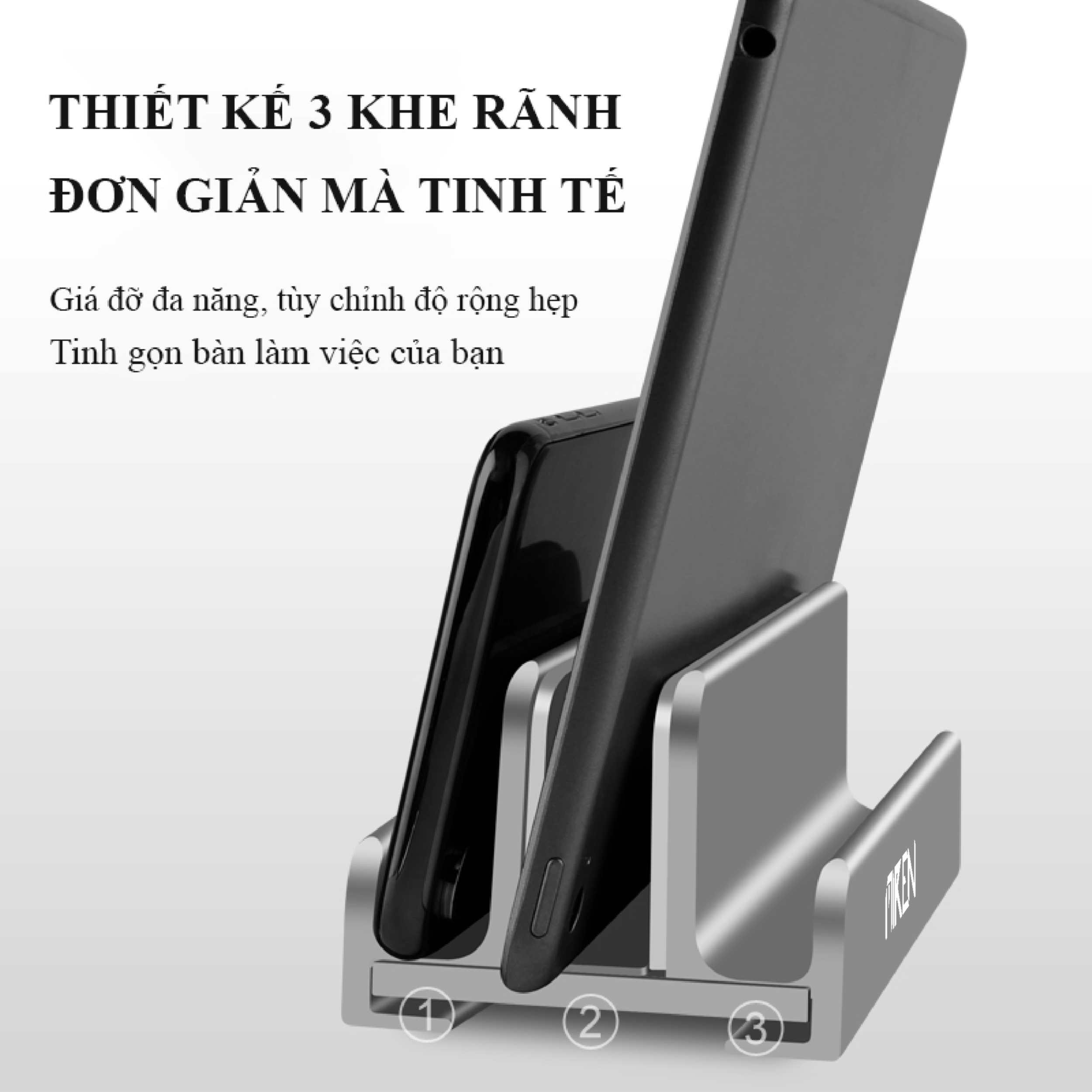 Giá Đỡ Laptop Macbook Điện Thoại Máy Tính Bảng Kẹp Khe Dựng Đứng Hợp Kim Nhôm Nguyên Khối Với 3 Khe Kẹp Hàng Chính Hãng