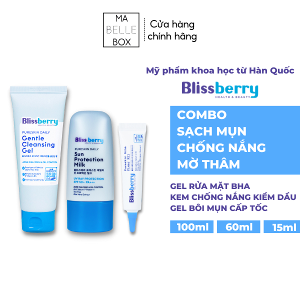 Combo Blissberry Gel giảm mụn mờ thâm 15ml, Sữa rửa mặt BHA 100ml và Kem chống nắng kiềm dầu 60ml