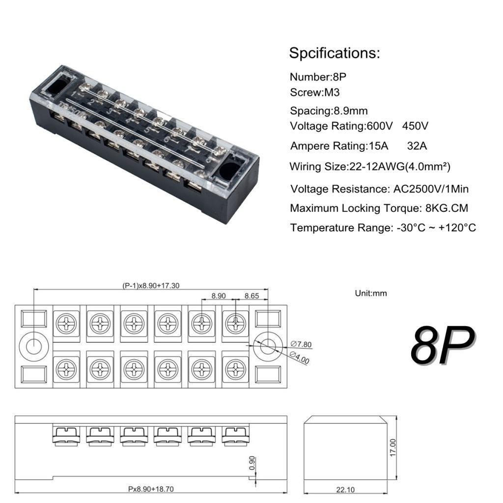 5Pcs 8 Position Dual Row Screw Barrier Terminal Block Terminal Barrier Strip