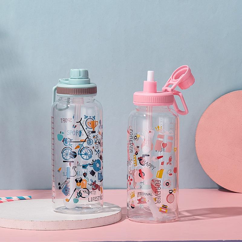 Bình Đựng Nước Thủy Tinh Hàn Quốc Cute Decor Nắp Vặn Có Ống Hút 450 ml - HUMI