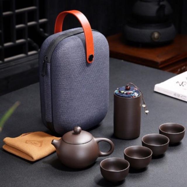 Bộ bình trà tử sa có túi đựng đi du lịch, Bộ ấm chén có Tặng Kèm Khăn Lau Cao Cấp