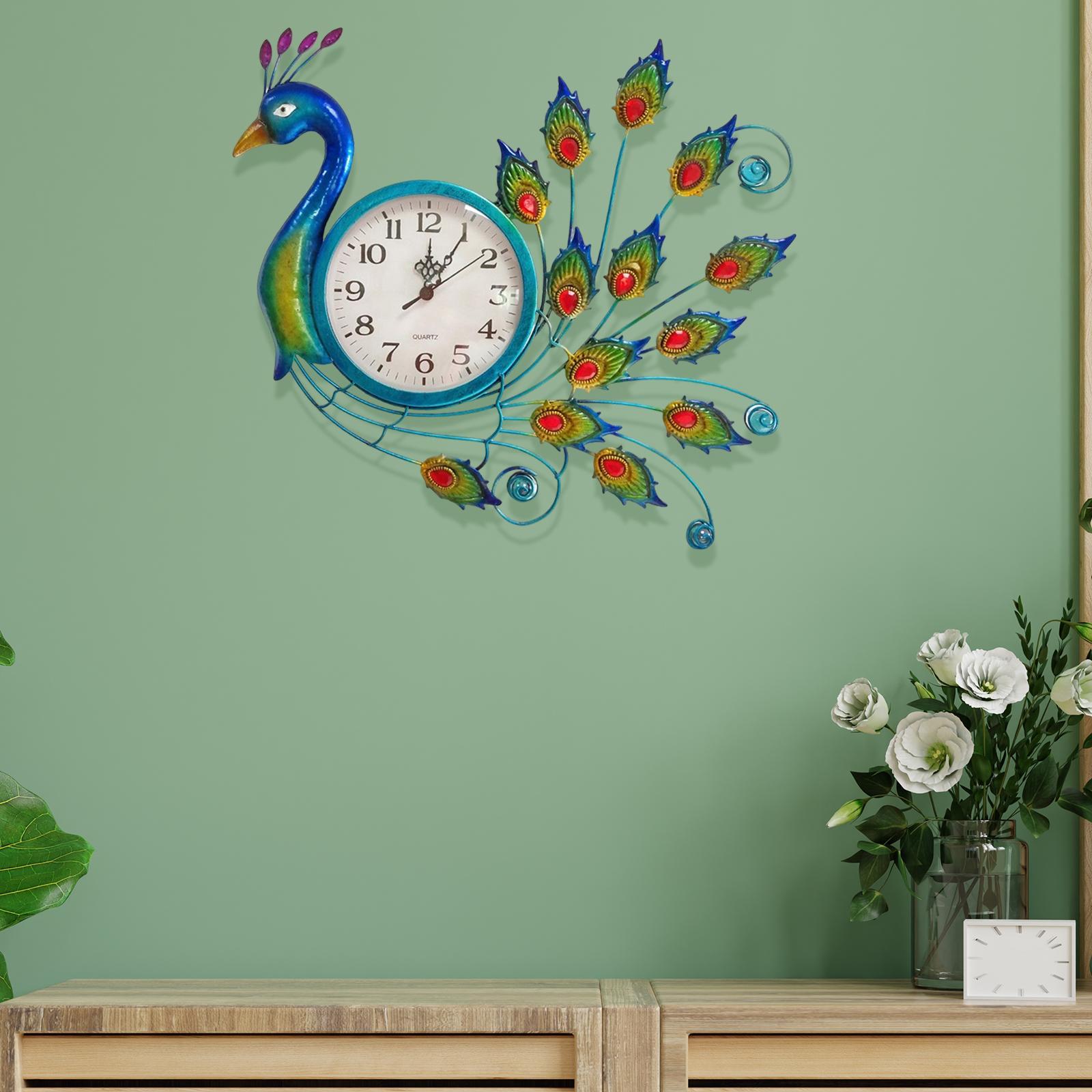 Metal Peacock Wall Clock Sculpture Mute Hanging Art Decoration for Home