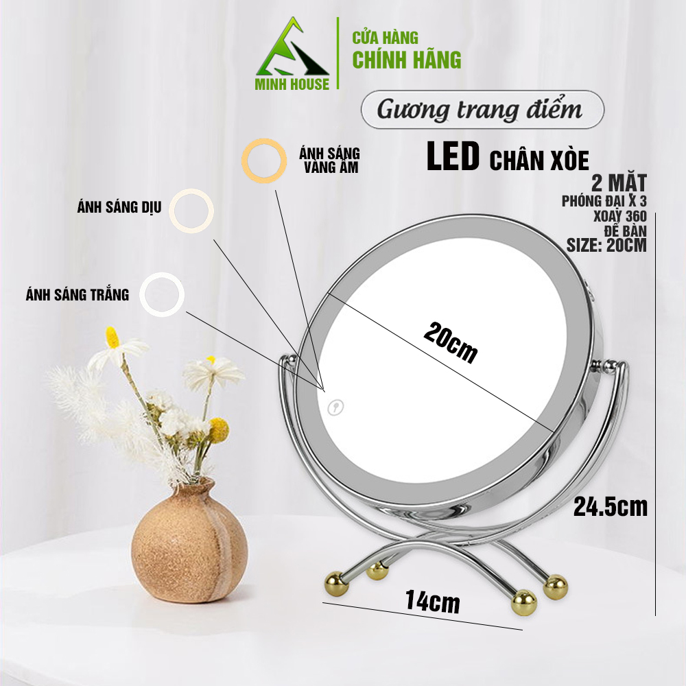 Gương trang điểm đèn LED Chân Xòe cảm ứng để bàn phóng đại 3 lần, xoay 360 độ, 2 mặt Minh House