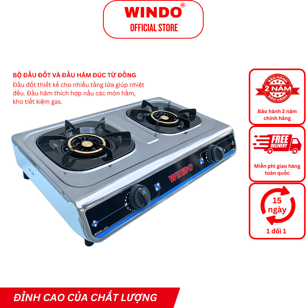 Bếp Gas Đôi Mặt Inox WINDO - 618 PHI 100 - Lửa lớn, điếu gang, có đầu hâm tiết kiệm gas- Hàng Chính Hãng